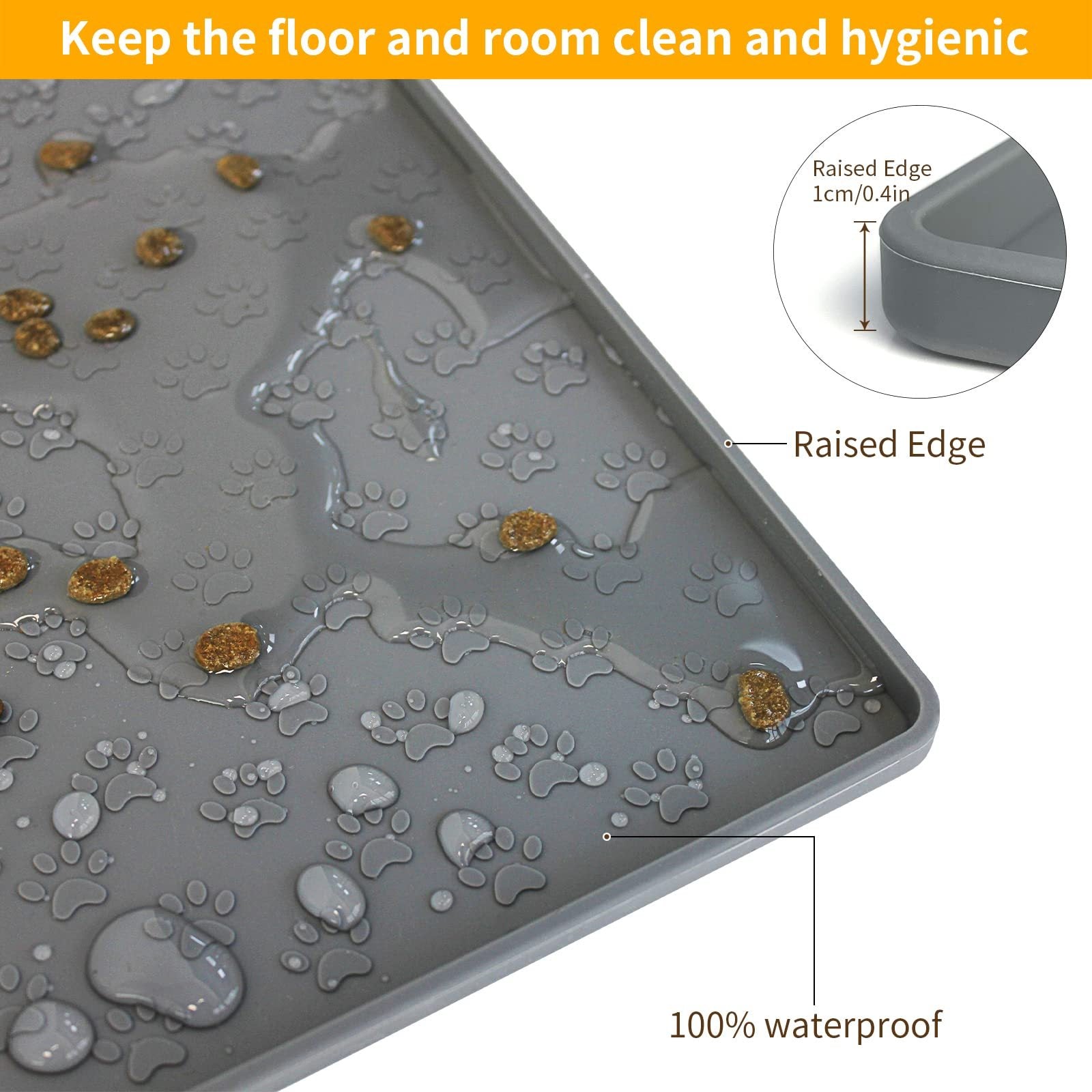 Dog Feeding Mat, Paw Print Silicone Dog Food And Water Bowl Mat Anti-Overflow Dog Food Mat Pet Placemat With Raised Edge