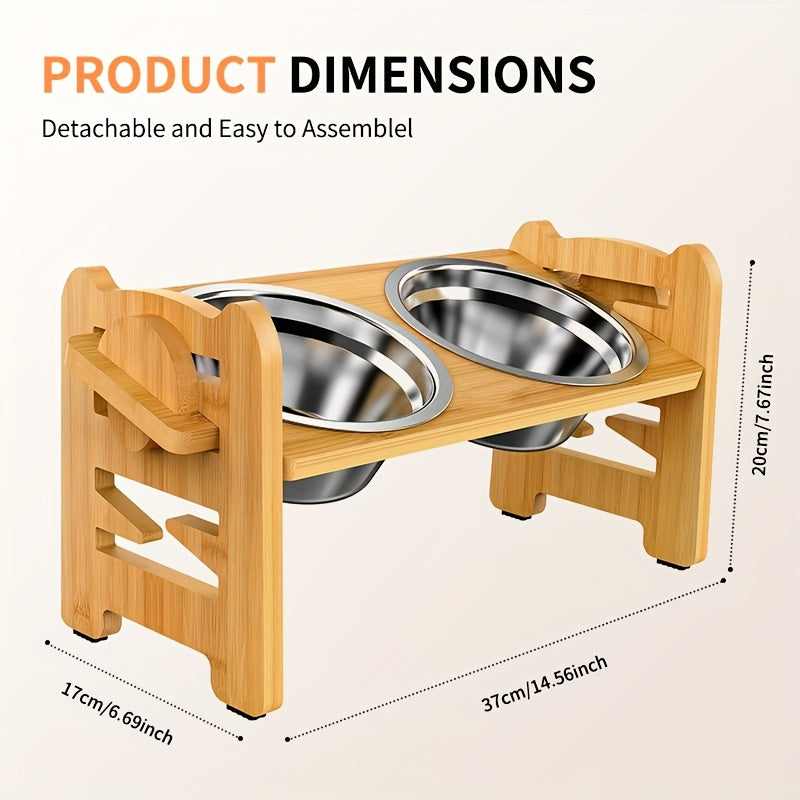 [2-Bowl Elevated Adjustable Dog Feeder] Elevated Adjustable Height Wooden Dog Feeder Stand with 2 Stainless Steel Bowls, Raised Dog Food And Water Bowls Stand for Neck Protection