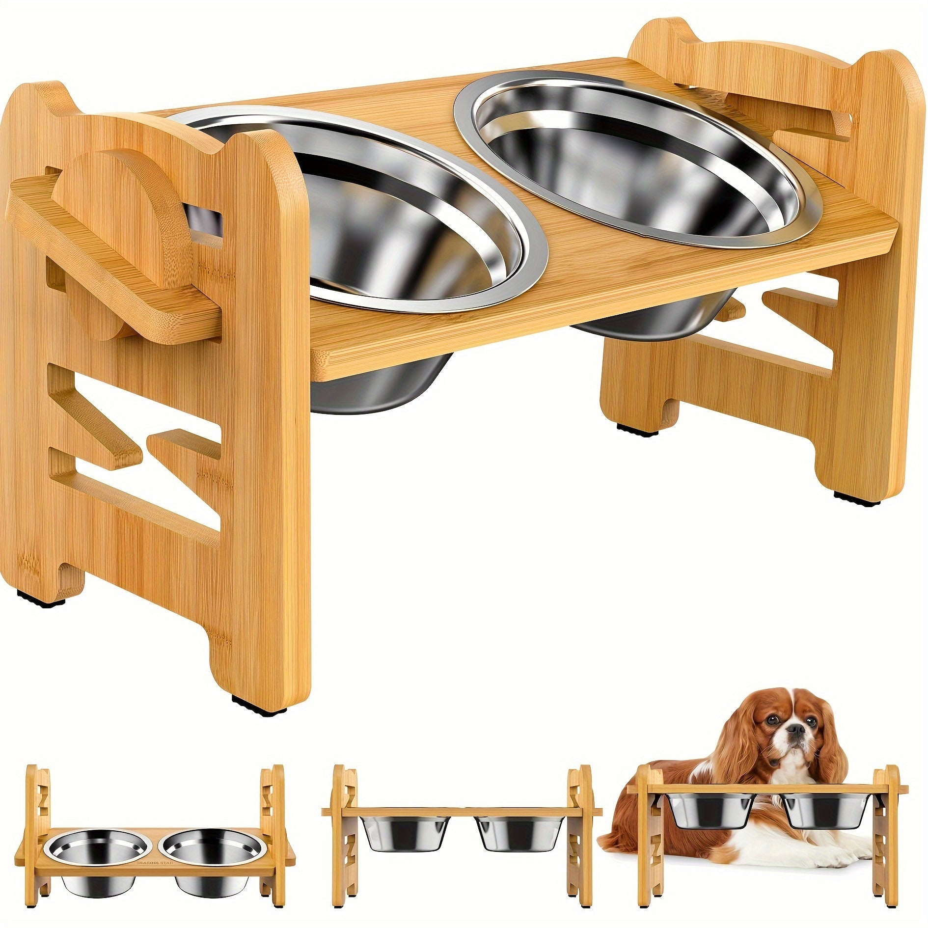 [2-Bowl Elevated Adjustable Dog Feeder] Elevated Adjustable Height Wooden Dog Feeder Stand with 2 Stainless Steel Bowls, Raised Dog Food And Water Bowls Stand for Neck Protection