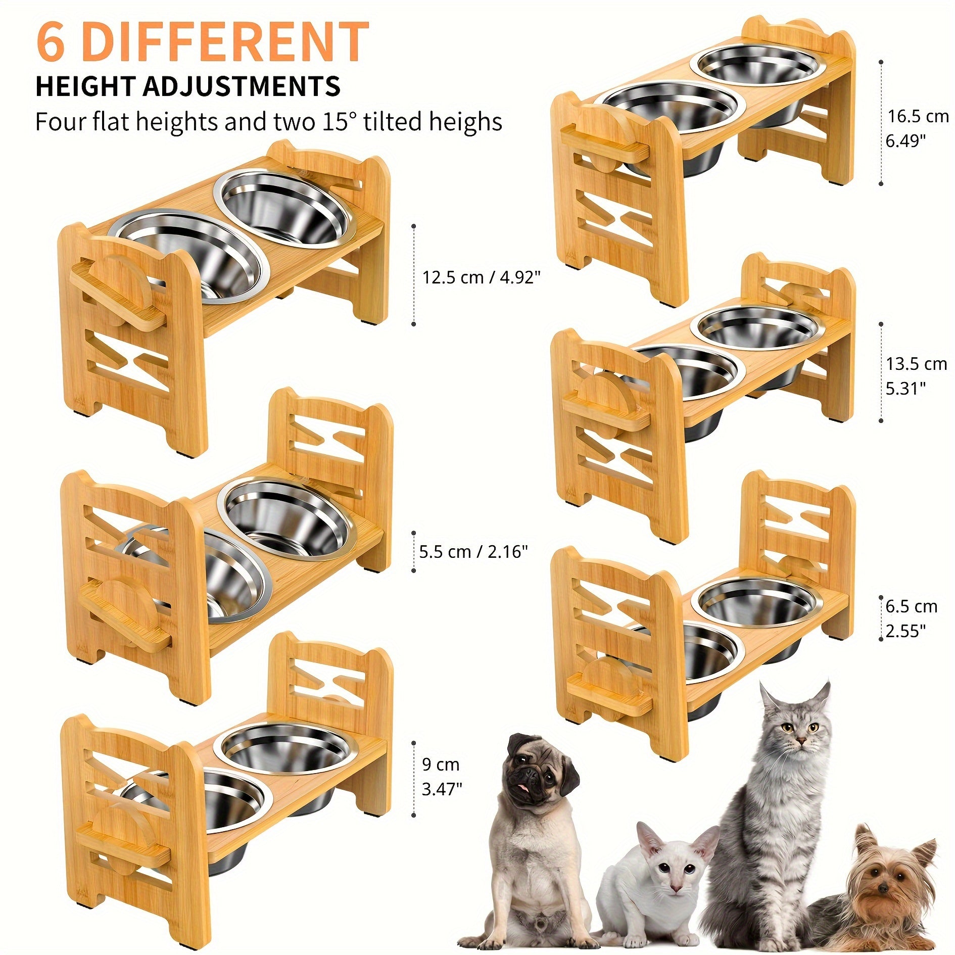 [2-Bowl Elevated Adjustable Dog Feeder] Elevated Adjustable Height Wooden Dog Feeder Stand with 2 Stainless Steel Bowls, Raised Dog Food And Water Bowls Stand for Neck Protection