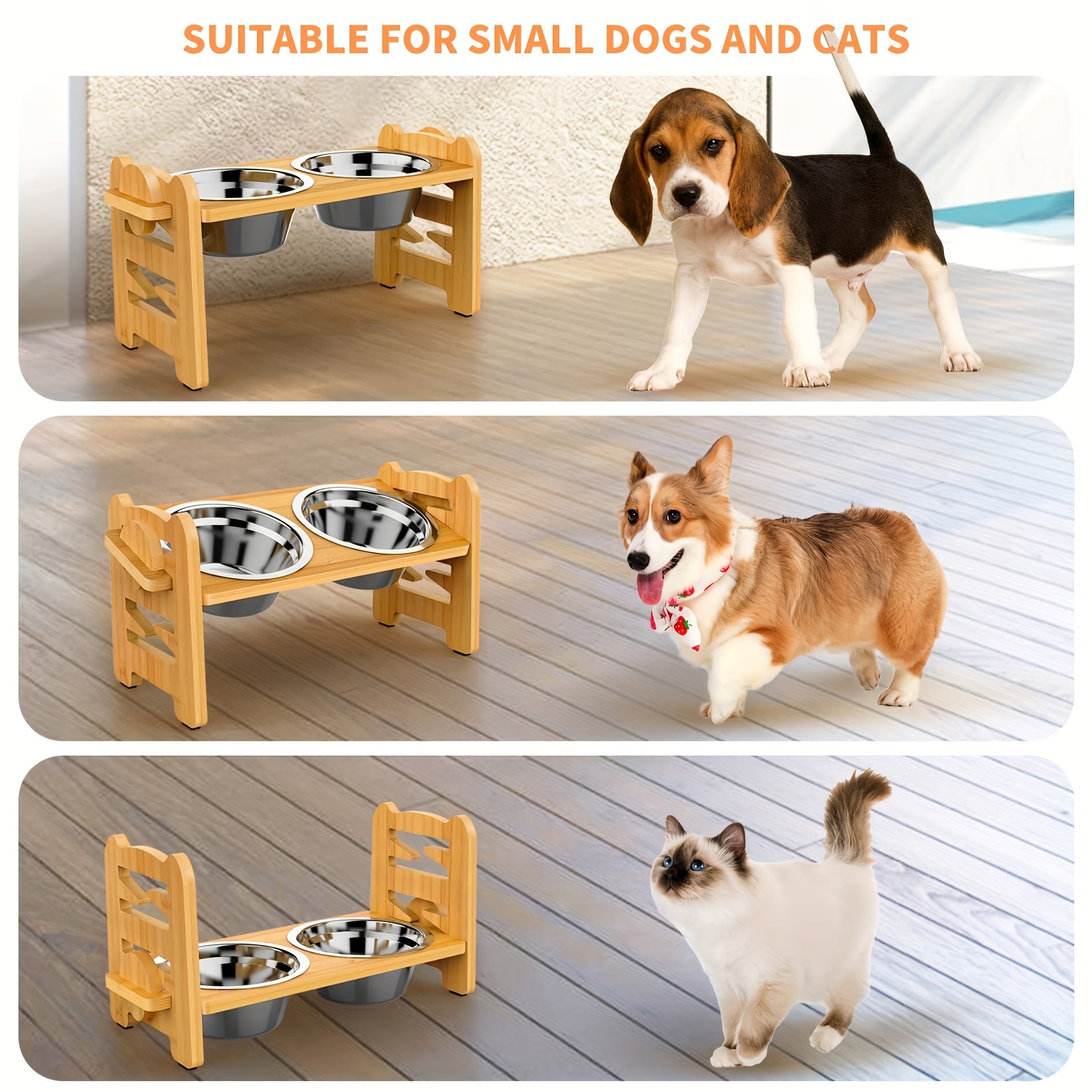 [2-Bowl Elevated Adjustable Dog Feeder] Elevated Adjustable Height Wooden Dog Feeder Stand with 2 Stainless Steel Bowls, Raised Dog Food And Water Bowls Stand for Neck Protection