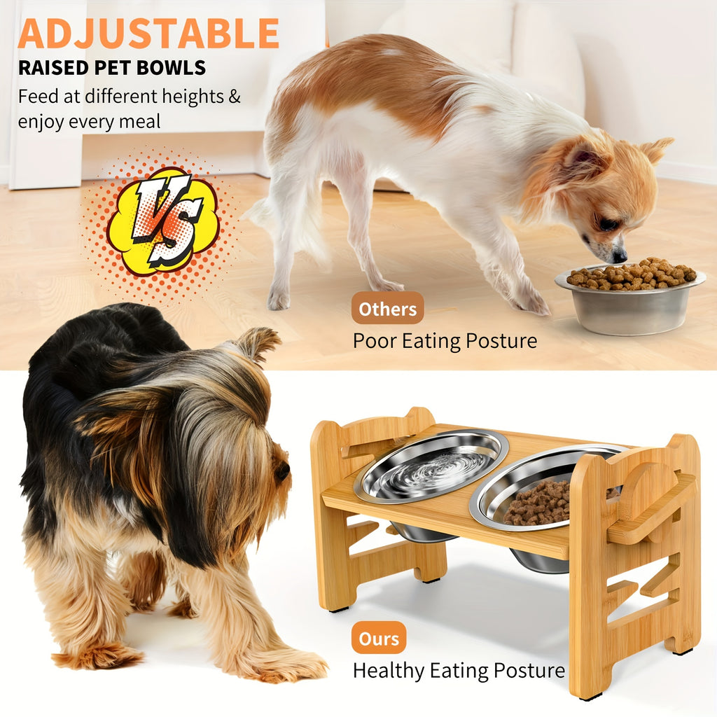 [2-Bowl Elevated Adjustable Dog Feeder] Elevated Adjustable Height Wooden Dog Feeder Stand with 2 Stainless Steel Bowls, Raised Dog Food And Water Bowls Stand for Neck Protection