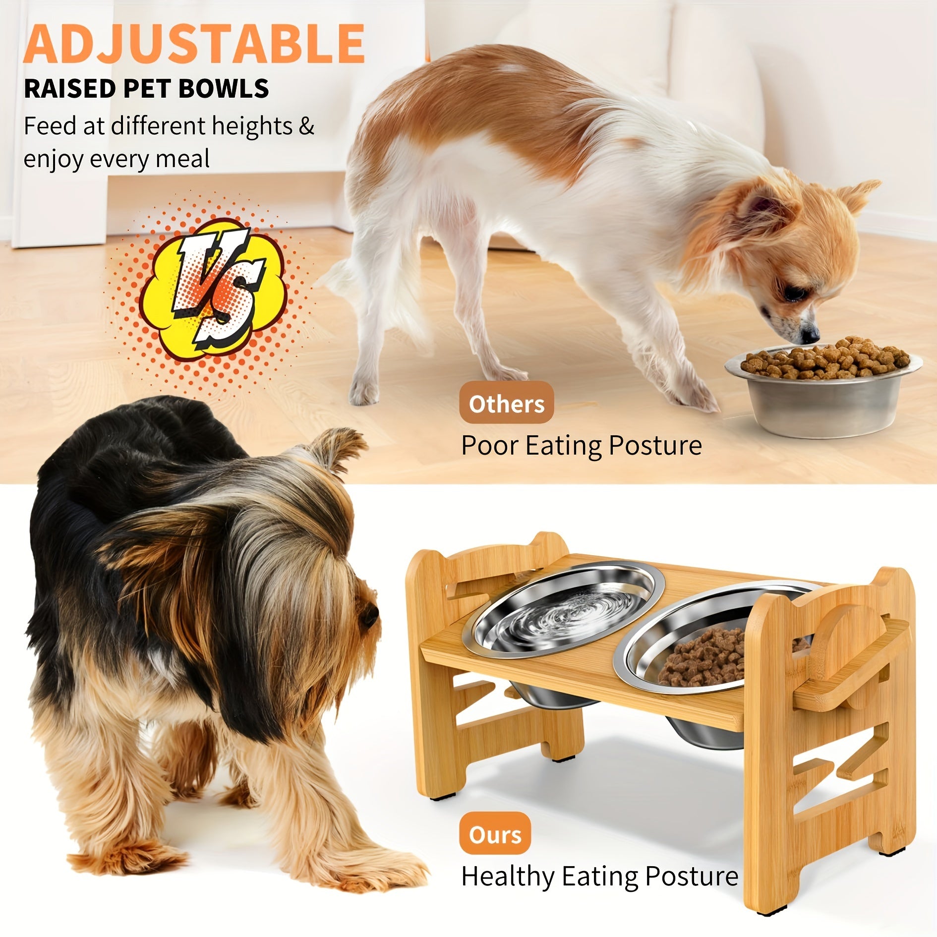 [2-Bowl Elevated Adjustable Dog Feeder] Elevated Adjustable Height Wooden Dog Feeder Stand with 2 Stainless Steel Bowls, Raised Dog Food And Water Bowls Stand for Neck Protection