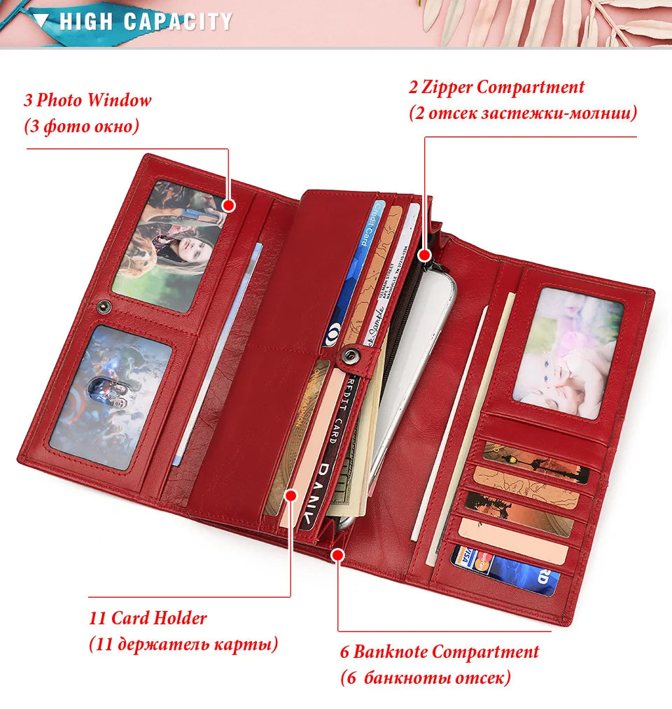 Fashion Women's Wallet RFID Original Leather Purses with Coins and Cards Large Capacity Female Trifold Handy Clutch Phone Bag