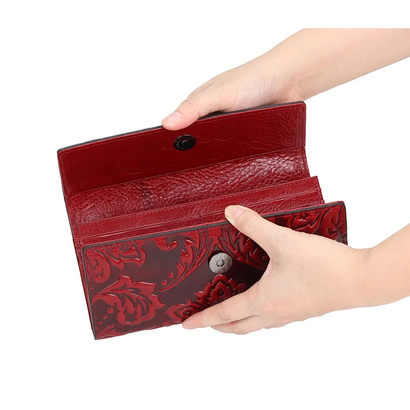 Genuine Leather Purse Women Large Real Leather Clutch Long Women's Cow Leather Purses Floral Ladies Wallets