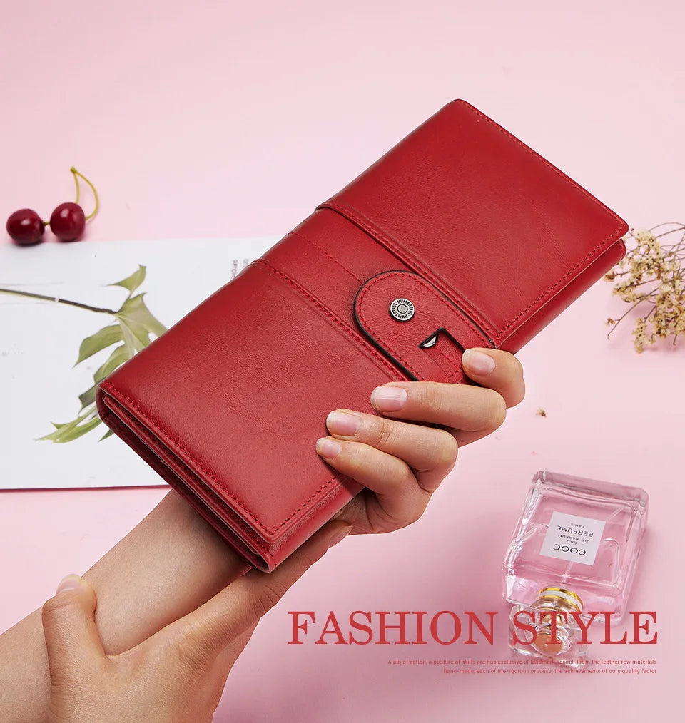 Fashion Women's Wallet RFID Original Leather Purses with Coins and Cards Large Capacity Female Trifold Handy Clutch Phone Bag