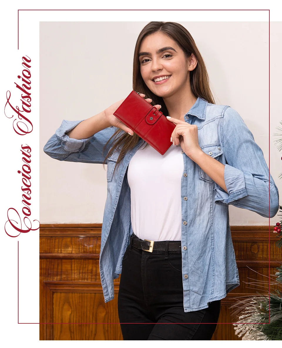 Fashion Women's Wallet RFID Original Leather Purses with Coins and Cards Large Capacity Female Trifold Handy Clutch Phone Bag