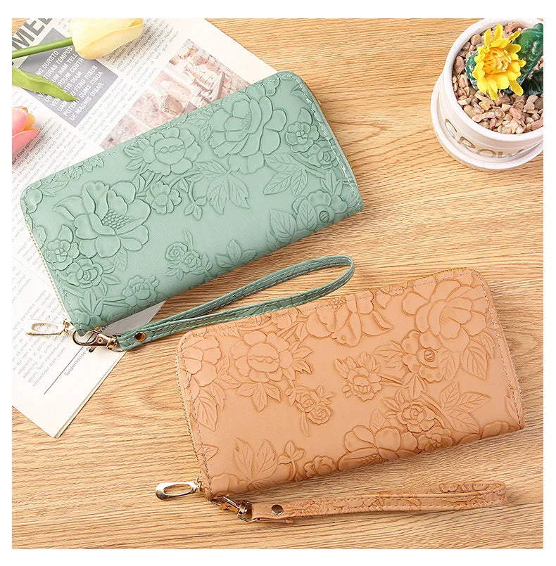Long Zippered Women's Purse,Enlarged Ladies Phone Wallet,Embossed Design Fashionable Minimalist Money Bag,Lady Leather Purses