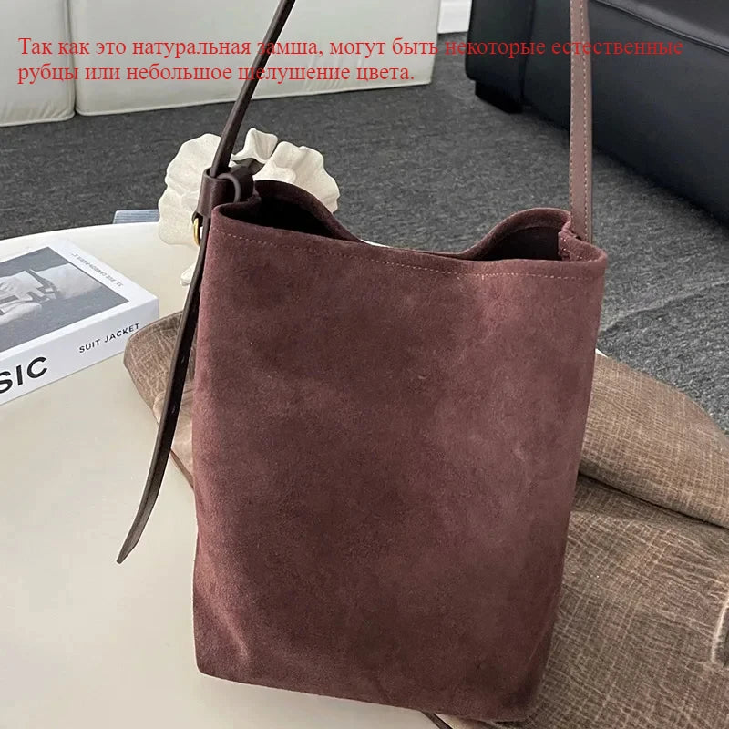 Motingsome Frosted Cowhide Bucket Bag Women Luxury Suede Leather Purses Lazy Style Crossbody Shoulder Winter Large Bag 2024 New