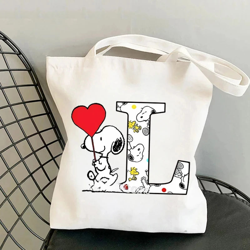 Snoopy Simple High-capacity Canvas Bags Women Anime Letter A-Z Printing Shopping Handbag Students Daily Portable Shoulder Bag