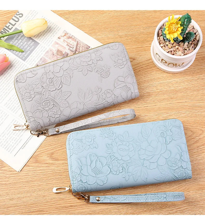 Long Zippered Women's Purse,Enlarged Ladies Phone Wallet,Embossed Design Fashionable Minimalist Money Bag,Lady Leather Purses