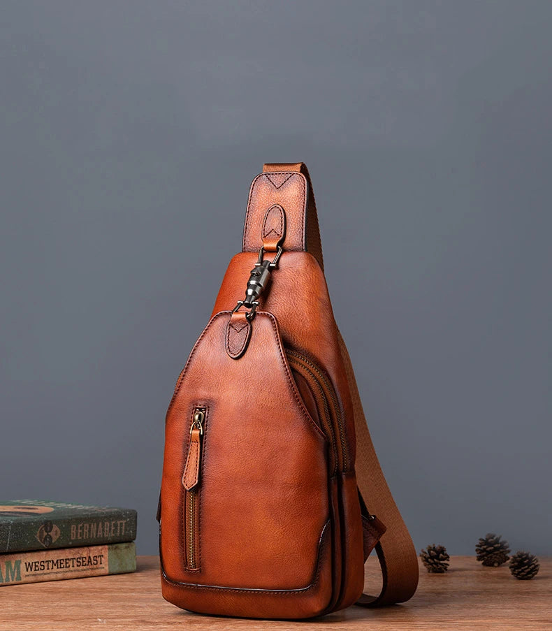 Anti theft  Men's Bag Luxury Brand Designer Single Shoulder Chest Bag Leather Male Crossbody Chest Pack Street Small Sling Bag