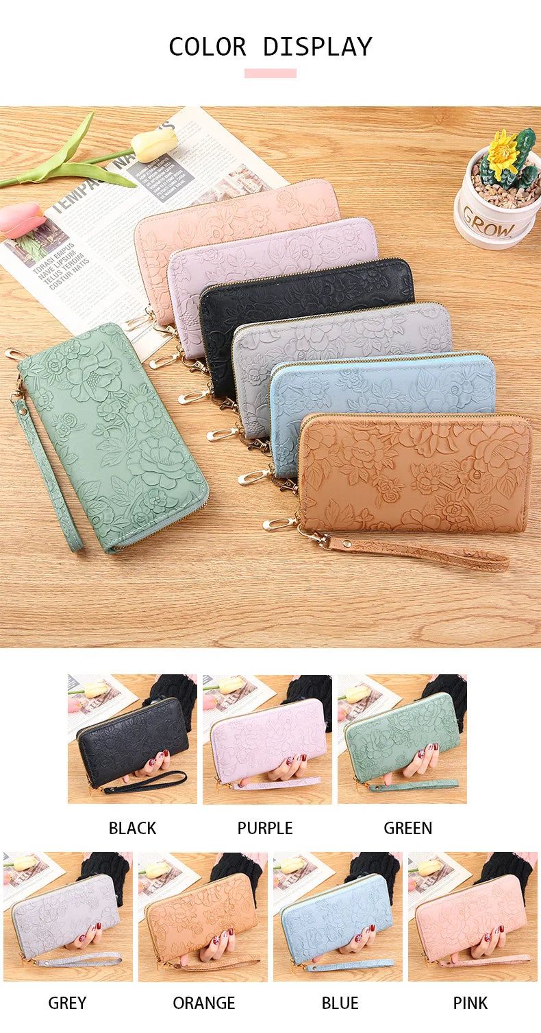 Long Zippered Women's Purse,Enlarged Ladies Phone Wallet,Embossed Design Fashionable Minimalist Money Bag,Lady Leather Purses