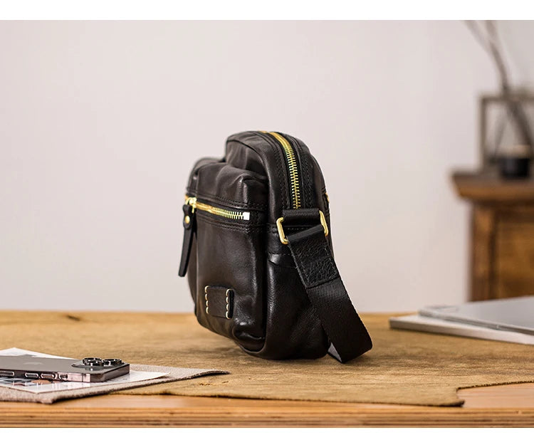 Fashion designers handmade vegetable tanned leather men's shoulder bag casual luxury genuine leather teens black crossbody bag