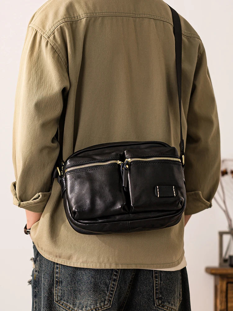 Fashion designers handmade vegetable tanned leather men's shoulder bag casual luxury genuine leather teens black crossbody bag