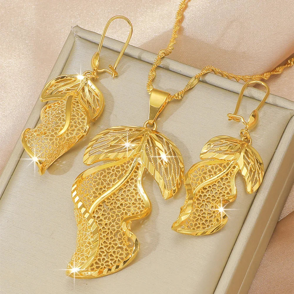 9999 Real Gold Leaf Flower Necklace Earring Set | Wedding Pendants for Brides | 24K Gold Women's Elegant Jewelry