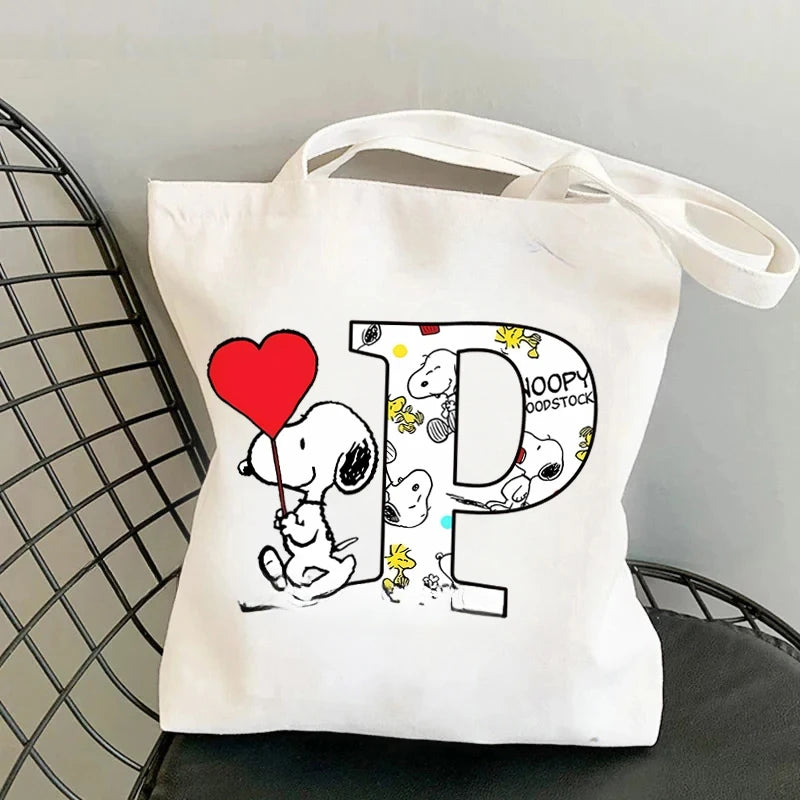 Snoopy Simple High-capacity Canvas Bags Women Anime Letter A-Z Printing Shopping Handbag Students Daily Portable Shoulder Bag