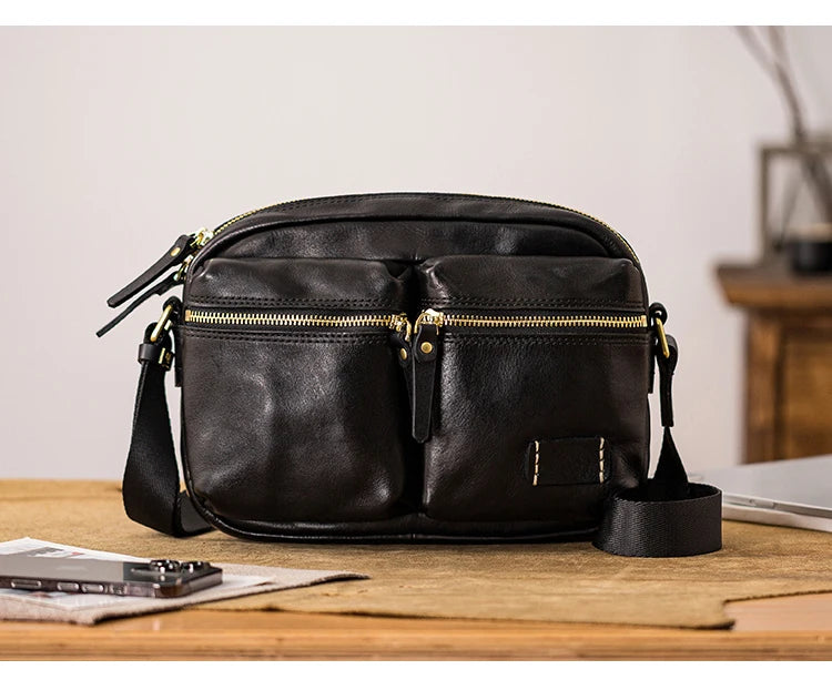 Fashion designers handmade vegetable tanned leather men's shoulder bag casual luxury genuine leather teens black crossbody bag