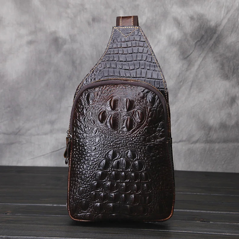 Men's Genuine Leather Crossbody Bag Vintage Crocodile Embossed Luxury Shoulder Bag Chest Bag Designer Adjustable Strap Zipper