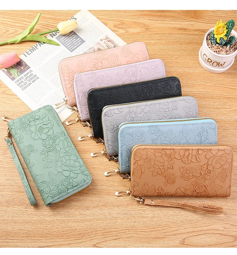 Long Zippered Women's Purse,Enlarged Ladies Phone Wallet,Embossed Design Fashionable Minimalist Money Bag,Lady Leather Purses