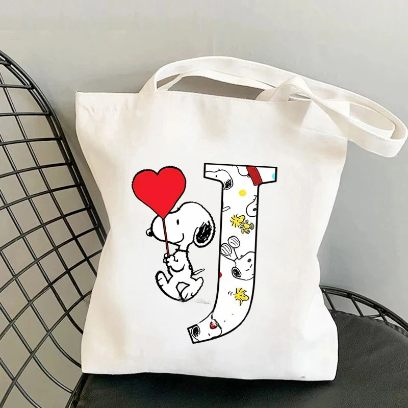 Snoopy Simple High-capacity Canvas Bags Women Anime Letter A-Z Printing Shopping Handbag Students Daily Portable Shoulder Bag