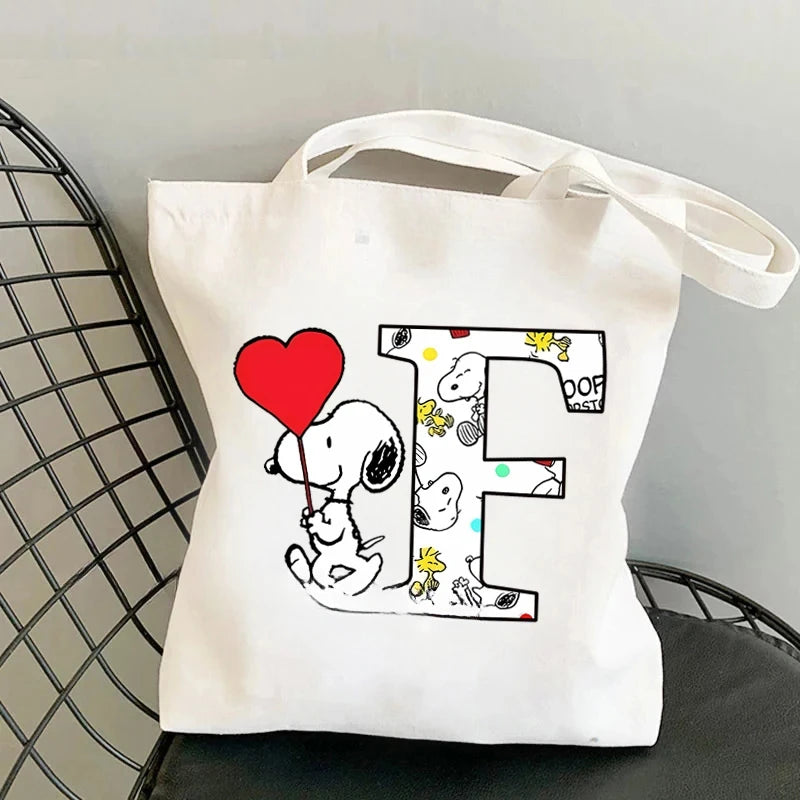 Snoopy Simple High-capacity Canvas Bags Women Anime Letter A-Z Printing Shopping Handbag Students Daily Portable Shoulder Bag