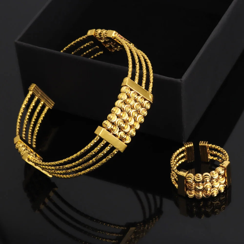 Noble Dubai Gold Color Jewelry Set For Women Luxury Multi Layer Bangle And Multi Bead Ring For Easter Gifts Wedding Arabic Party