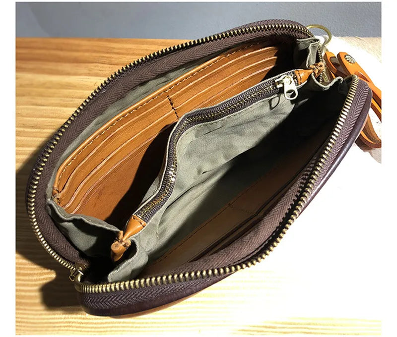 Vintage Handmade Luxury Genuine Leather Men Clutch Bag Casual Designer High Quality Real Cowhide Phone Card Holder Wallet