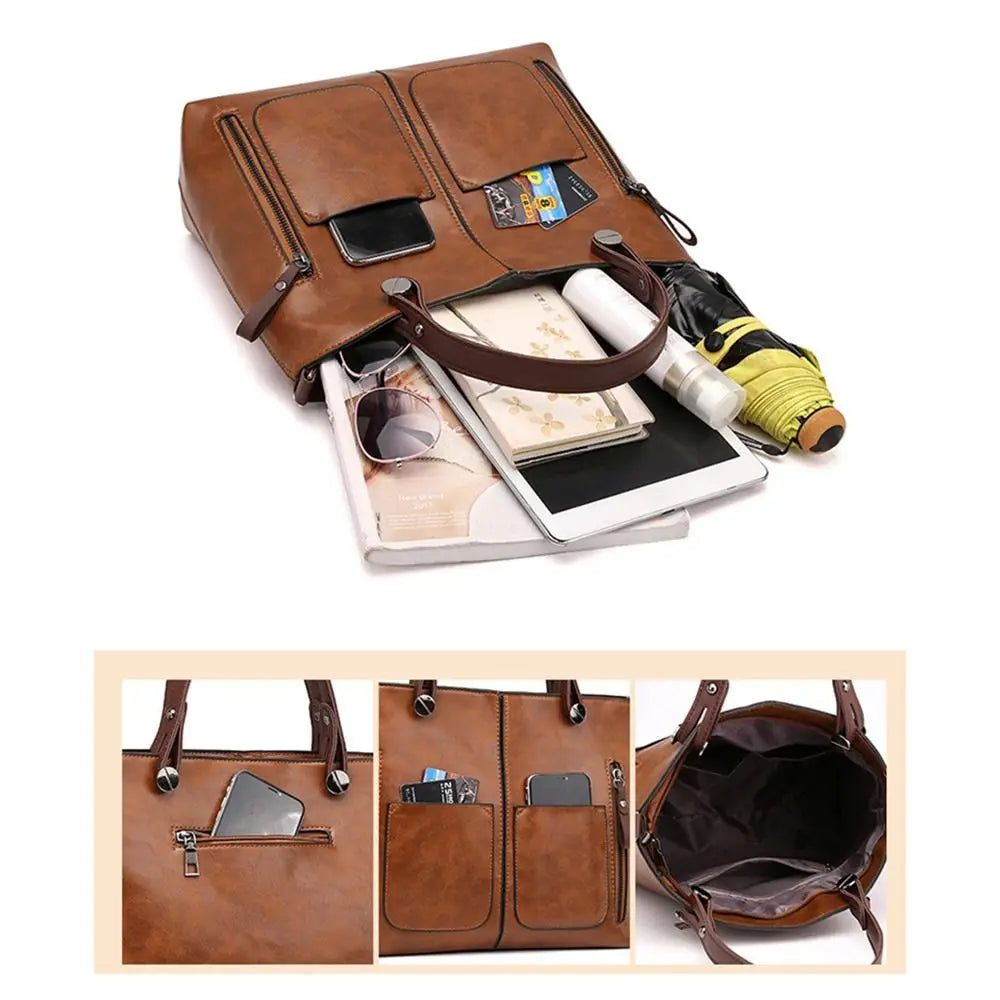 Ladies Vintage Leather Shoulder Bag, Large Leather Purses Work Bags with Multi-Pocket Tote Bag Crossbody Handbags for Women