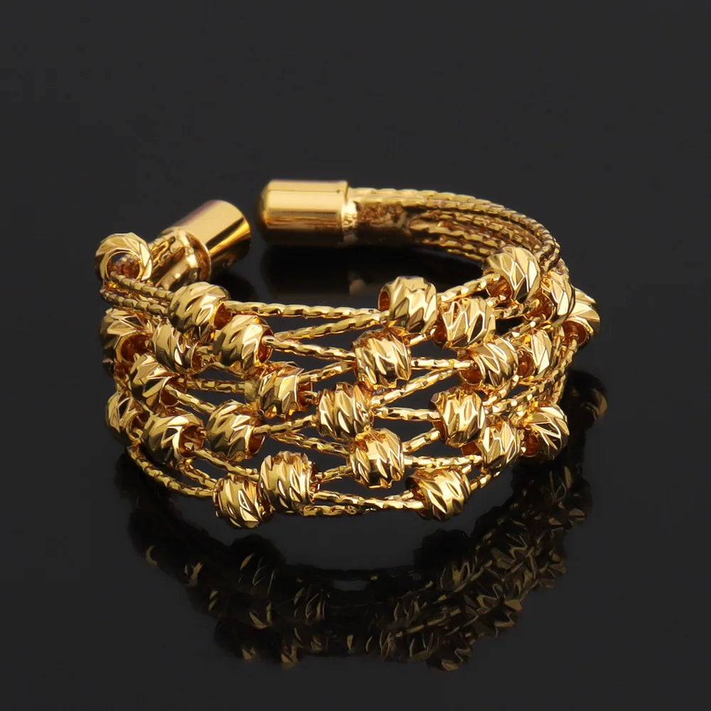 Noble Dubai Gold Color Jewelry Set For Women Luxury Multi Layer Bangle And Multi Bead Ring For Easter Gifts Wedding Arabic Party