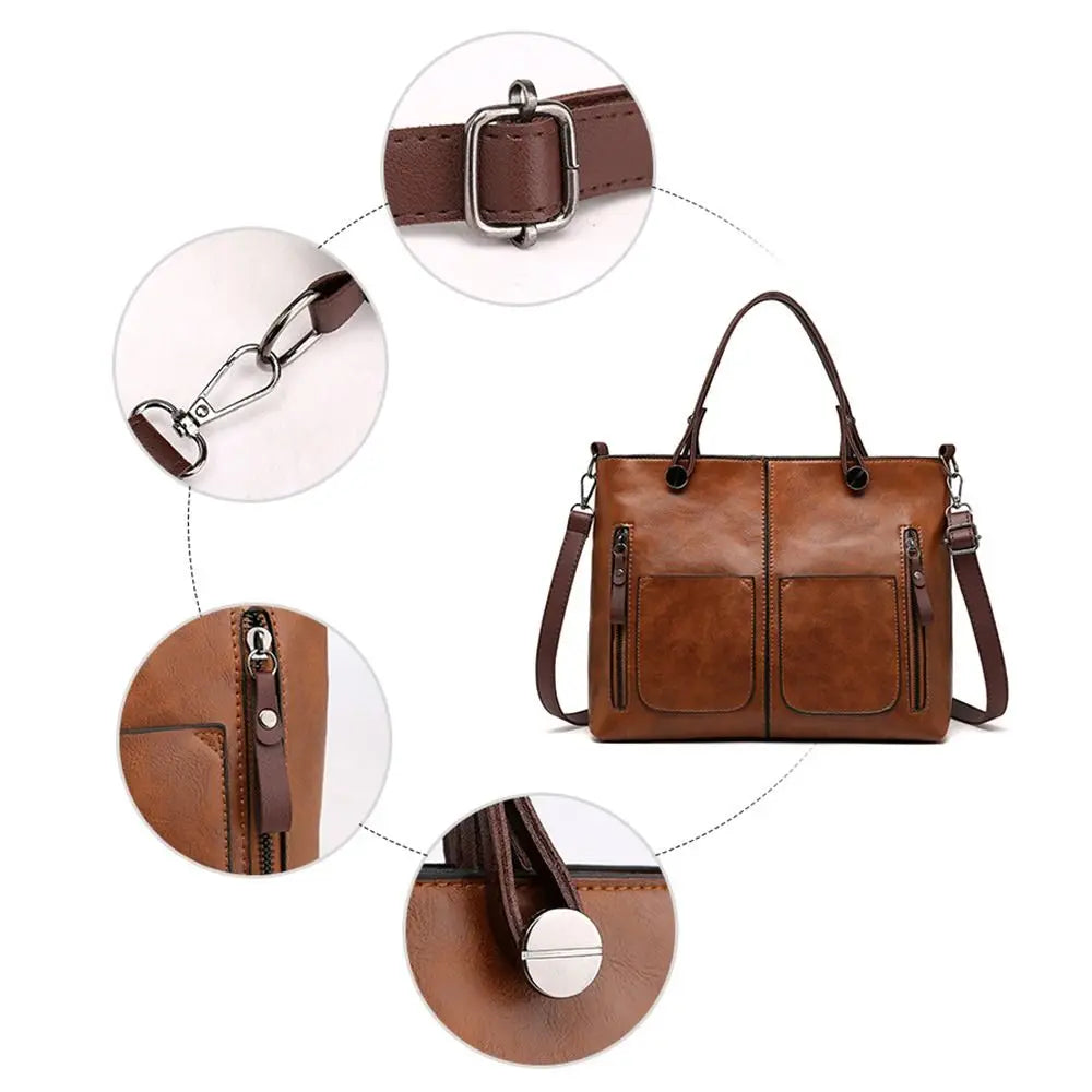 Ladies Vintage Leather Shoulder Bag, Large Leather Purses Work Bags with Multi-Pocket Tote Bag Crossbody Handbags for Women