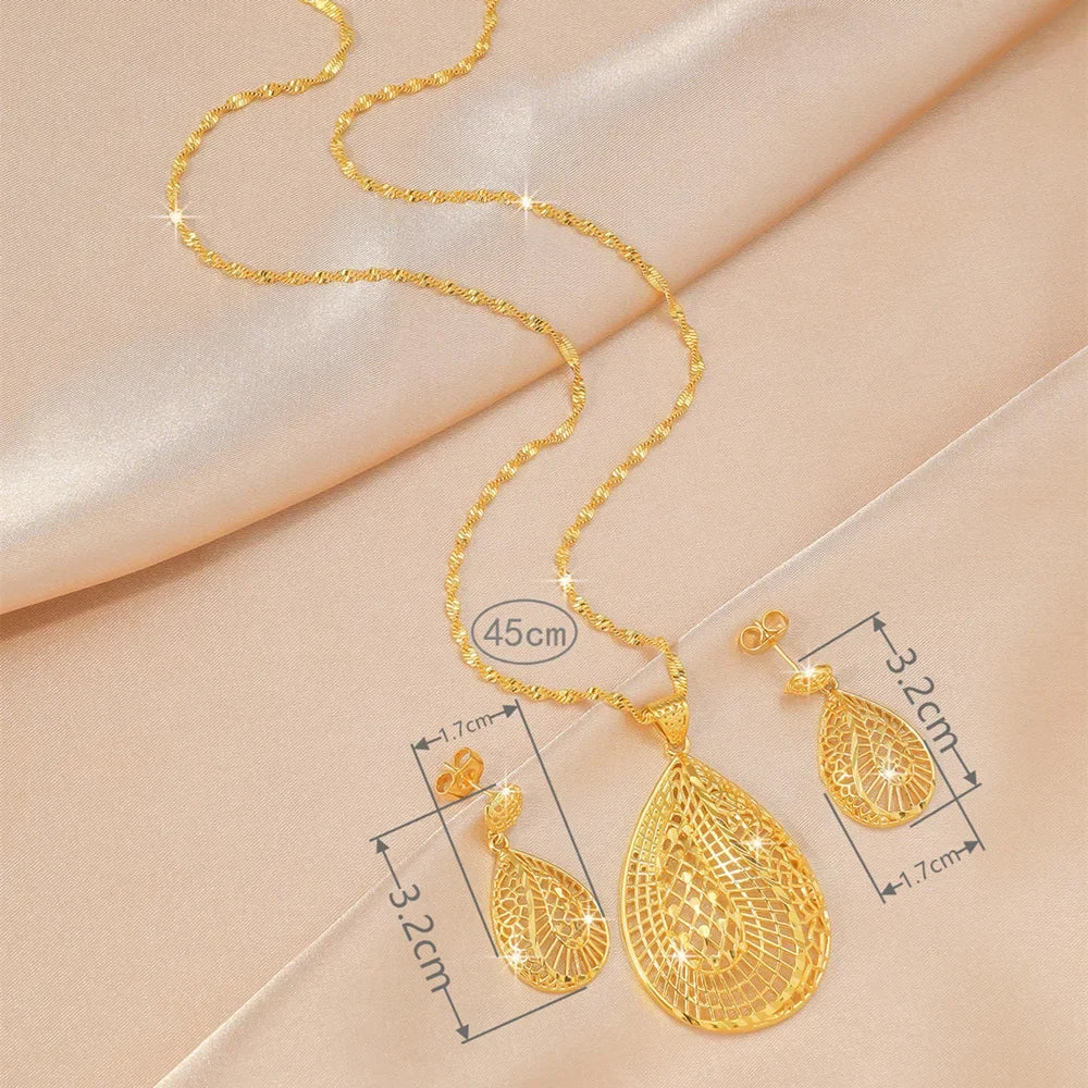 9999 Real Gold Leaf Flower Necklace Earring Set | Wedding Pendants for Brides | 24K Gold Women's Elegant Jewelry