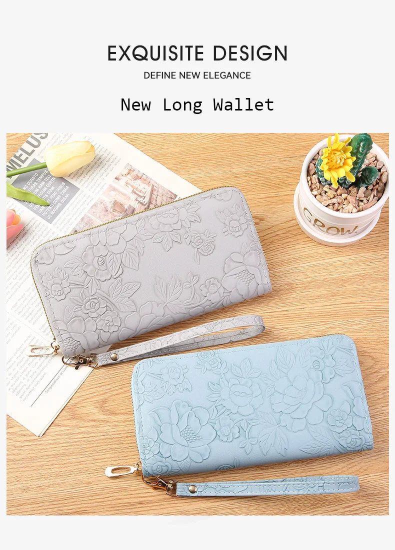 Long Zippered Women's Purse,Enlarged Ladies Phone Wallet,Embossed Design Fashionable Minimalist Money Bag,Lady Leather Purses