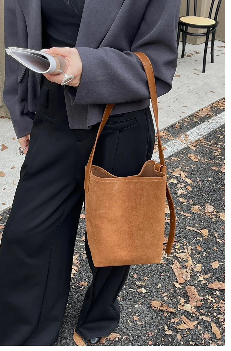 Motingsome Frosted Cowhide Bucket Bag Women Luxury Suede Leather Purses Lazy Style Crossbody Shoulder Winter Large Bag 2024 New