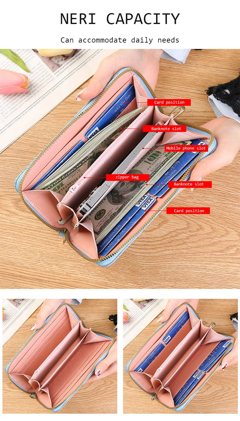 Long Zippered Women's Purse,Enlarged Ladies Phone Wallet,Embossed Design Fashionable Minimalist Money Bag,Lady Leather Purses