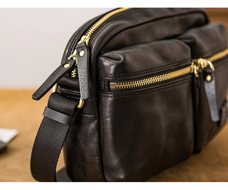 Fashion designers handmade vegetable tanned leather men's shoulder bag casual luxury genuine leather teens black crossbody bag