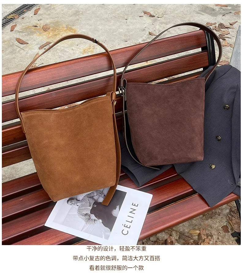 Motingsome Frosted Cowhide Bucket Bag Women Luxury Suede Leather Purses Lazy Style Crossbody Shoulder Winter Large Bag 2024 New