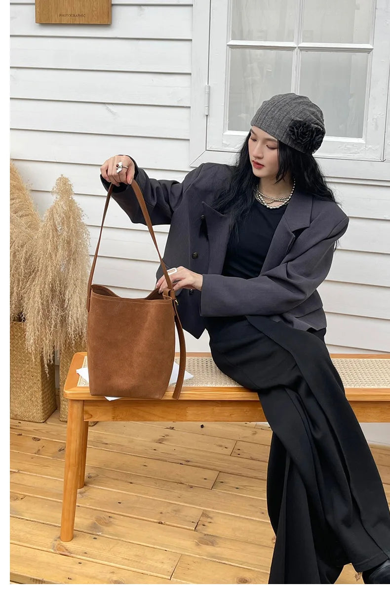 Motingsome Frosted Cowhide Bucket Bag Women Luxury Suede Leather Purses Lazy Style Crossbody Shoulder Winter Large Bag 2024 New