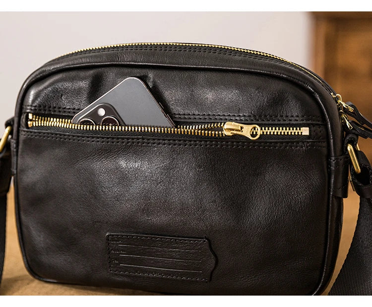 Fashion designers handmade vegetable tanned leather men's shoulder bag casual luxury genuine leather teens black crossbody bag