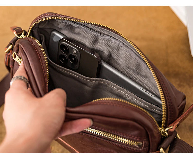 Fashion designers handmade vegetable tanned leather men's shoulder bag casual luxury genuine leather teens black crossbody bag