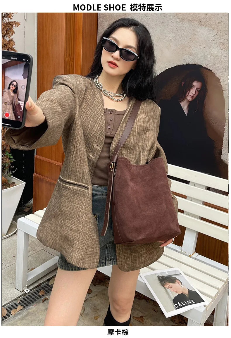 Motingsome Frosted Cowhide Bucket Bag Women Luxury Suede Leather Purses Lazy Style Crossbody Shoulder Winter Large Bag 2024 New