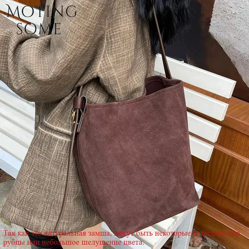Motingsome Frosted Cowhide Bucket Bag Women Luxury Suede Leather Purses Lazy Style Crossbody Shoulder Winter Large Bag 2024 New