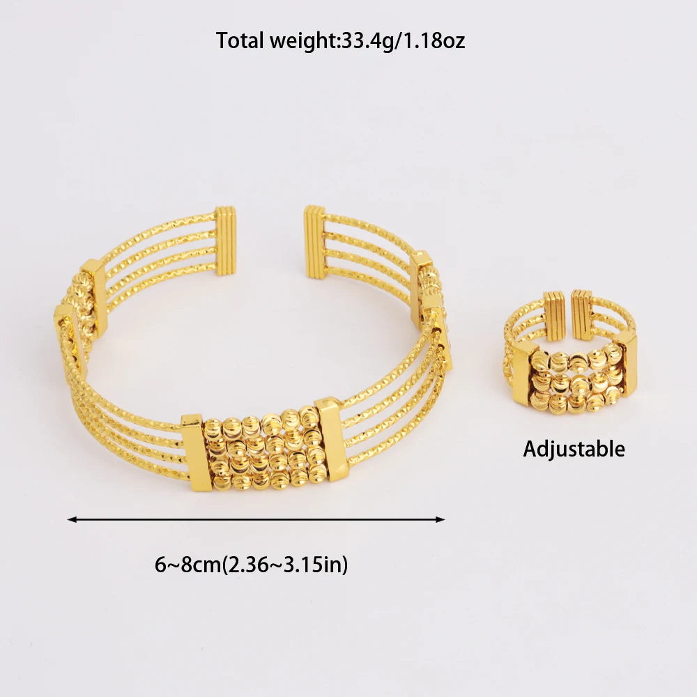Noble Dubai Gold Color Jewelry Set For Women Luxury Multi Layer Bangle And Multi Bead Ring For Easter Gifts Wedding Arabic Party