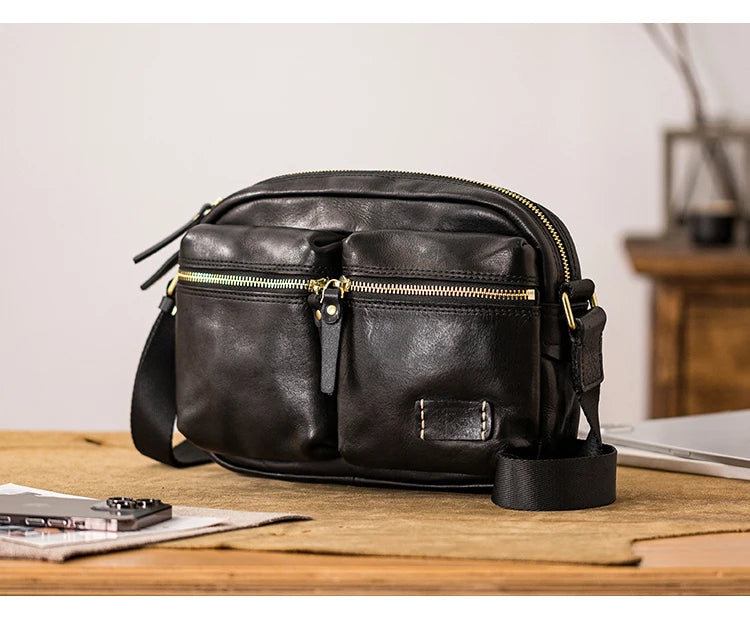 Fashion designers handmade vegetable tanned leather men's shoulder bag casual luxury genuine leather teens black crossbody bag
