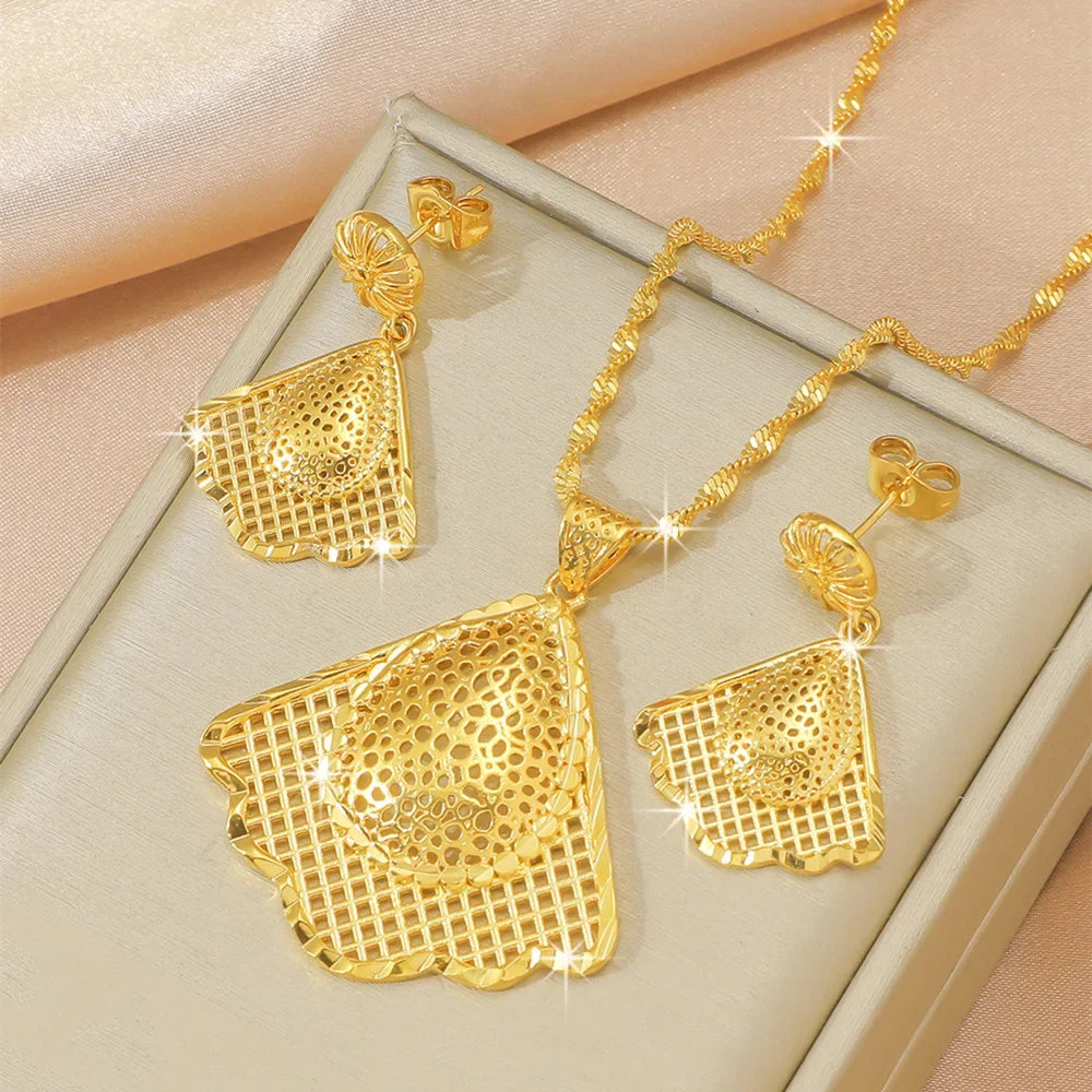 9999 Real Gold Leaf Flower Necklace Earring Set | Wedding Pendants for Brides | 24K Gold Women's Elegant Jewelry