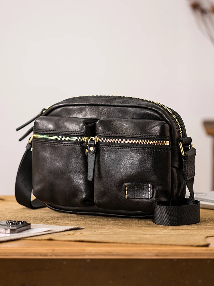 Fashion designers handmade vegetable tanned leather men's shoulder bag casual luxury genuine leather teens black crossbody bag