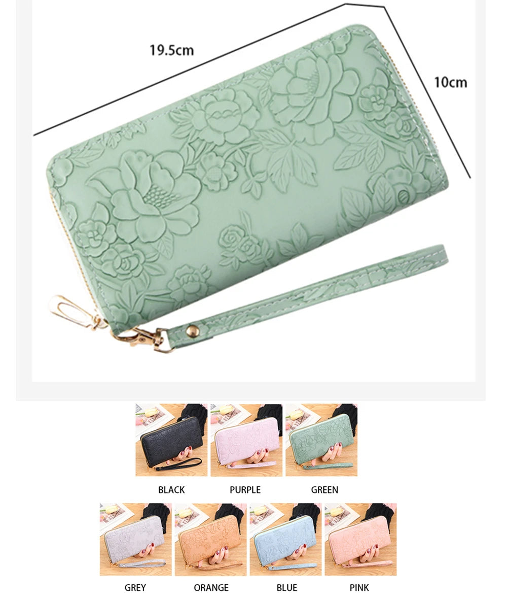 Long Zippered Women's Purse,Enlarged Ladies Phone Wallet,Embossed Design Fashionable Minimalist Money Bag,Lady Leather Purses