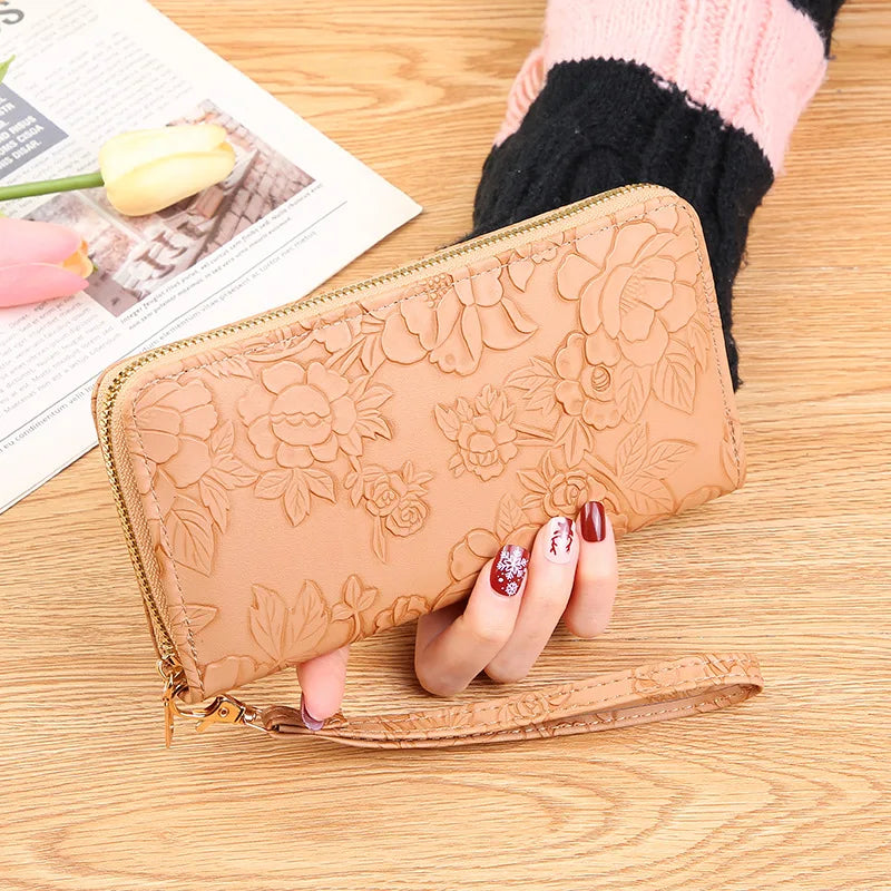 Long Zippered Women's Purse,Enlarged Ladies Phone Wallet,Embossed Design Fashionable Minimalist Money Bag,Lady Leather Purses