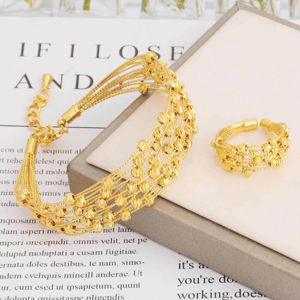 Noble Dubai Gold Color Jewelry Set For Women Luxury Multi Layer Bangle And Multi Bead Ring For Easter Gifts Wedding Arabic Party