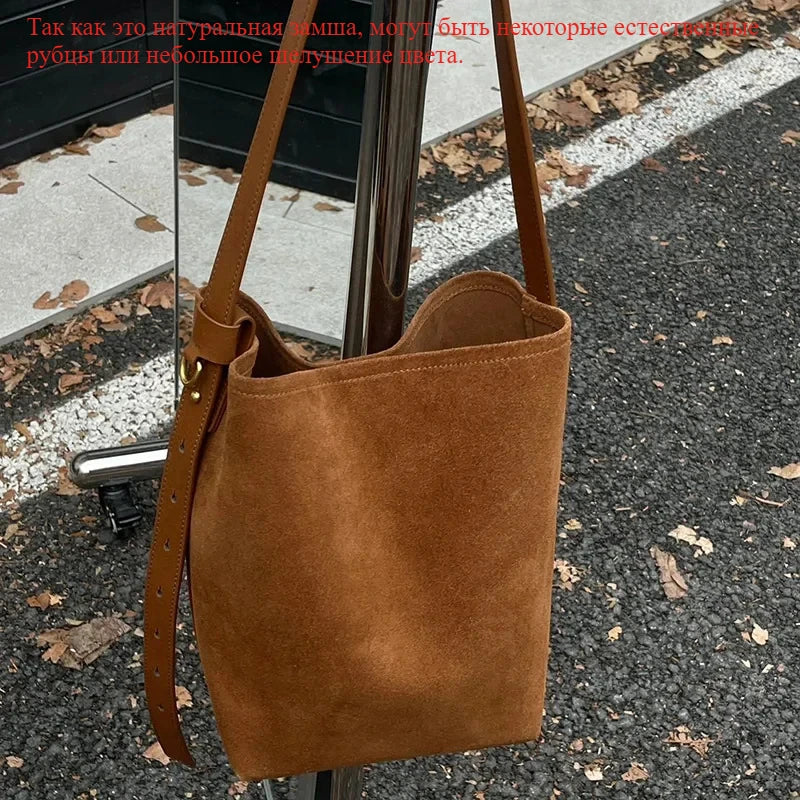 Motingsome Frosted Cowhide Bucket Bag Women Luxury Suede Leather Purses Lazy Style Crossbody Shoulder Winter Large Bag 2024 New